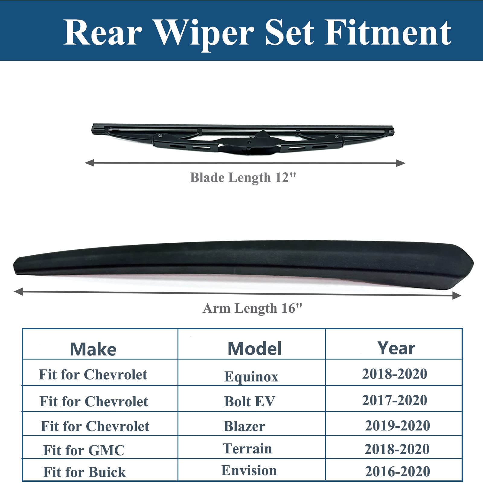 Rear Windshield Wiper Arm Blade Set For Chevy Equinox 2018-2020/ Gmc Terrain 2018-2020/Chevy Bolt Ev 2017-2020 Chevy Blazer 2019